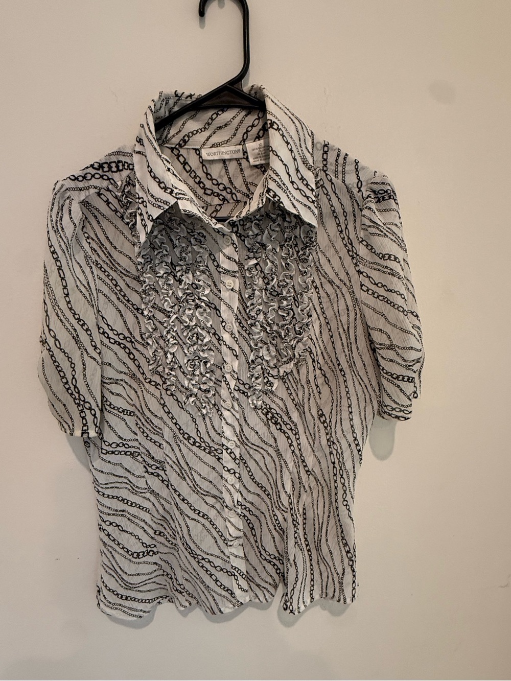 Worthington Black & White Ruffle Front Button-Up Blouse